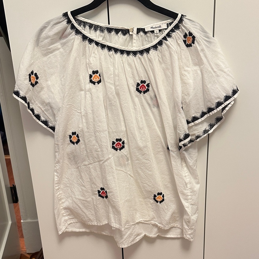 Madewell White Blouse with Black and Red Embroidery
